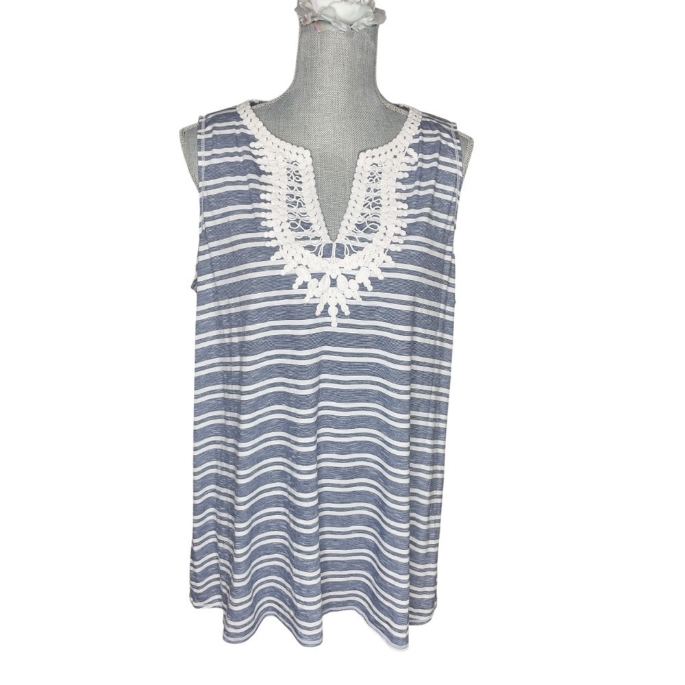 Max Studio Women’s Crochet Front V-Neck Striped Tank Top Size 1X